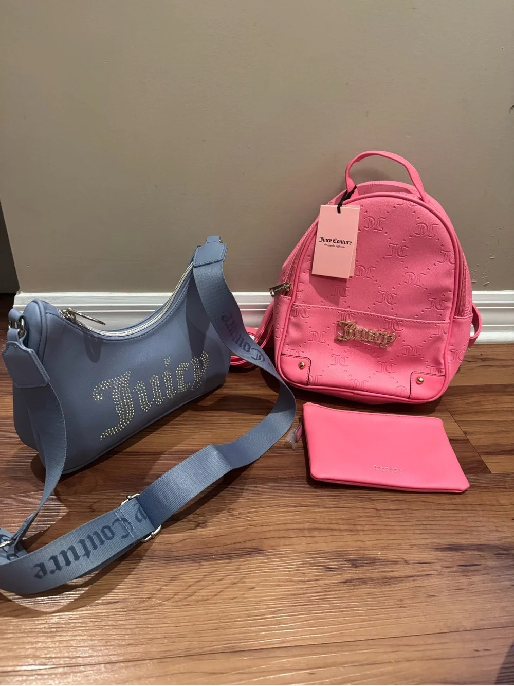Juicy Couture Pink Mini Backpack & blue purse- Signature Embossed Logo